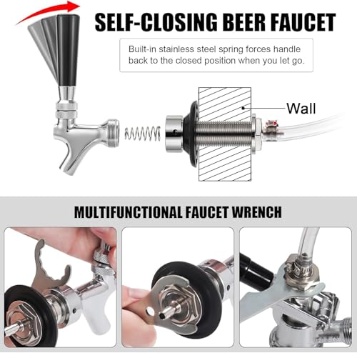 Draft Beer Line Shank Faucet Kit 3” Beer Faucet Shank Self-Closing Beer Tap Faucet Kegerator Parts Wrench 6ft 3/16” Beer Line Tubing Barb Connector Tap Brush Kegerator Conversion kit