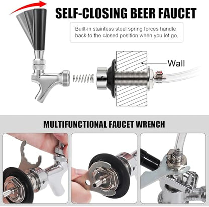 Draft Beer Line Shank Faucet Kit 3” Beer Faucet Shank Self-Closing Beer Tap Faucet Kegerator Parts Wrench 6ft 3/16” Beer Line Tubing Barb Connector Tap Brush Kegerator Conversion kit