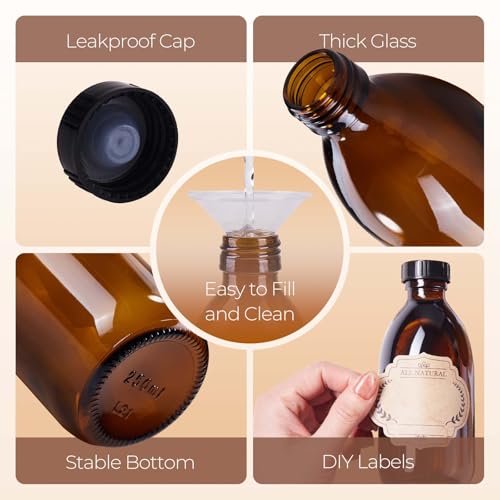 24 Pack 8 OZ Amber Glass Bottles with Lids, Leakproof Glass Bottles for Vanilla extract, Shampoo, Tinctures, Essential Oils, Homemade Hot Sauce, Syrup, Boston Round Brown Bottle - color: Amber