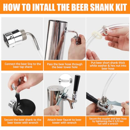 Ferroday Beer Faucet Beer Line Shank Faucet Kit, Kegerator Parts Beer Tower Replacement Kit with Self-Closing Spring Beer Tap, 5 Ft 3/16" Beer Line Tubing Keg Coupler Barb Wrench Clamp Brush Cover