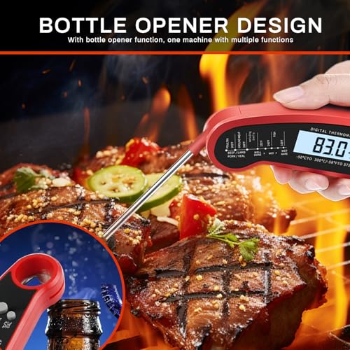 Digital Instant Read Food Thermometer with Backlight, LCD Display, Calibration Function, Built-in Bottle Opener for Grilling, BBQ, Turkey, Candy, Liquid Temperature Measurement, Red - color: Red