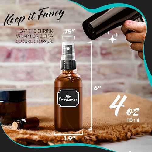 Nevlers 4 Oz Amber Glass Spray Bottles for Cleaning & Refreshment 48 Pack | Amber Glass Bottles | Mist Bottle Sprayer w/ Shrink Wrap, Funnel, Brush, Marker & Labels | Small Spray Bottle for Hair & Face