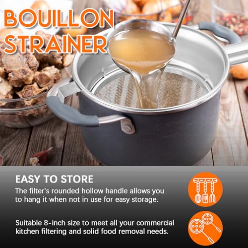 SiliFine 10 Inch Stainless Steel Reinforced Bouillon Sieve Strainer Cone Fine Mesh Strainer with Handle and Rubber Pestle for Kitchen Food Cooking - size: 10 Inch