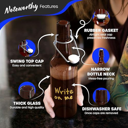Nevlers Swing Top Glass Bottles 16oz | Empty Beer Bottles for Home Brewing | 12 Pack Amber Resealable Flip Top Glass Bottle Set for Fermentation or General Storage | Durable Kombucha Bottle Bottling Kit - size: 12 Pack, style: 16 Ounce