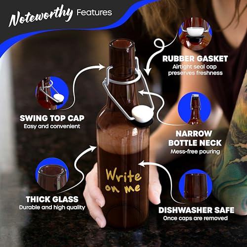 Nevlers Swing Top Glass Bottles 16oz | Empty Beer Bottles for Home Brewing | 12 Pack Amber Resealable Flip Top Glass Bottle Set for Fermentation or General Storage | Durable Kombucha Bottle Bottling Kit - size: 12 Pack, style: 16 Ounce