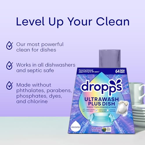 Dropps UltraWash Plus Dishwasher Detergent Pods, Unscented (64 Ct) Free & Clear | Triple Action | Built In Rinse Aid | Cuts Grease & Stuck-On Food | Sparkling Dishes | Residue-Free | Clean Ingredients