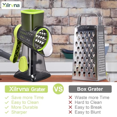 Rotary Cheese Grater with Handle Kitchen Shredder Slicer Grater Slicer Ice Shaver Cheese Vegetable Nuts Potato Zucchini Chocolate 3 Interchangeable Blades (Green TSP) - color: Green TSP