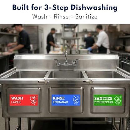 Wash Rinse Sanitize Sink Labels (12 Labels) - 3 Compartment Sink Labels | 2 Sets, 7.3 x 2.5 in - Wash Rinse Sanitize Stickers - Hand Washing Signs - Restaurants, Food Trucks & Commercial Kitchens - size: 7.3 x 2.5 inches