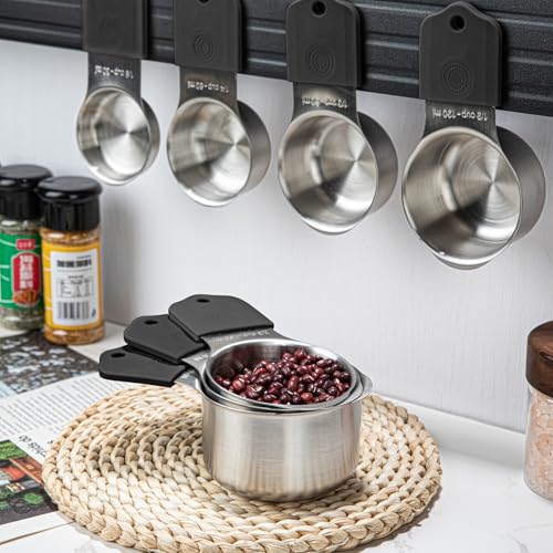 Magnetic Measuring Cups and Spoons Set, 7 Stainless Steel Measuring Cups and 7 Rectangular Metal Teaspoon with 1 Leveler for Cooking & Baking (Black) - color: Black