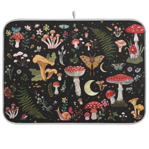 Mushroom Dish Drying Mat for Kitchen Counter Gothic Witchy Fern Leaves Microfiber Drying Mats Absorbent Reversible Dish Pad Draining Mats for Countertop Coffee Mats Large 18x24 inch Gifts - color: mushroom fern leaves, size: 24" x 18"