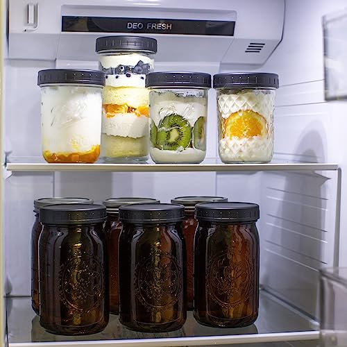 Jumterlee 12 Pack 32 oz Amber Mason Jars, Wide Mouth Mason Jars with Lids and Bands and 12 Black Plastic Mason Jar Lids, Canning Jars Used for Canning, Pickling, Juice, Jam, Jelly
