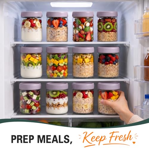 16 oz Overnight Oats Containers with Lids, 6 Pack Wide Mouth Mason Jar with Lid, Yogurt Containers with Lids for Kitchen, Glass Jars for Storage, Pudding, Chia, Prep, Snack, Sugar, (Purple) - color: Purple