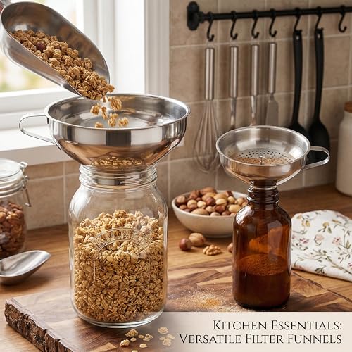 VRUIFA Canning Funnel with Strainer, Wide Mouth Funnel for Filling Mason Jars, Stainless Steel Canning Supplies for Kitchen Use, 3 Pack (Small and Large)