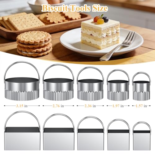 Biscuit Cutter Set of 10 pcs, Square and Fluted Cookie Cutter Set with Handle, Stainless Steel Round Biscuit Cutters, Professional Baking Dough Tools - size: 2 set