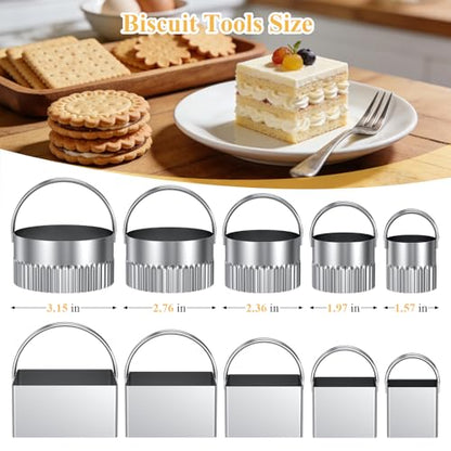 Biscuit Cutter Set of 10 pcs, Square and Fluted Cookie Cutter Set with Handle, Stainless Steel Round Biscuit Cutters, Professional Baking Dough Tools - size: 2 set
