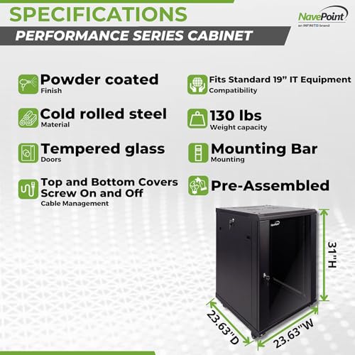 NavePoint 15U Server Cabinet Wall Mount Rack Enclosure with Caster Wheels, 2 Fans, Locking Glass Door, Removable Side Panels – 15U Network Cabinet 23.6” Deep, 19” Server Rack for IT Equipment - size: 15U - 600mm Depth