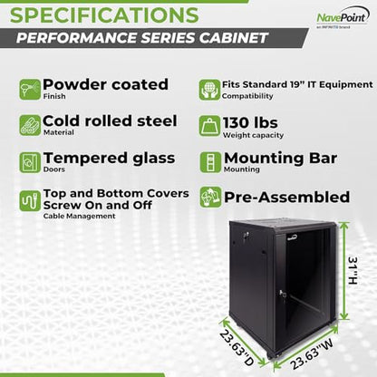 NavePoint 15U Server Cabinet Wall Mount Rack Enclosure with Caster Wheels, 2 Fans, Locking Glass Door, Removable Side Panels – 15U Network Cabinet 23.6” Deep, 19” Server Rack for IT Equipment - size: 15U - 600mm Depth