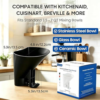 Kingofkings Flour Funnel for Kitchen Aid Mixer Accessories and Attachments | Black Stand Mixer Wide Pouring Chute fits KitchenAid Bowls, Pizza & Cake Prep, Baking Gift & Kitchen Gadgets, Patent Pending - color: Black