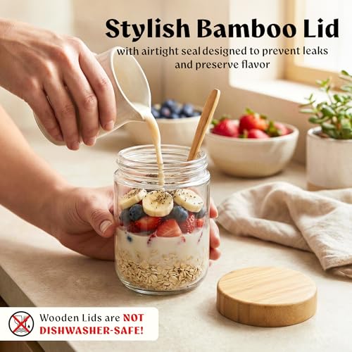 EDELHAUS Overnight Oats Containers with Lids Bamboo (4 x 16oz) Glass Jars for Oatmeal, Meal Prep, Food Storage | Leak-Proof Mason Jars for Oats, Cereal, Yogurt, Chia Pudding [Thicker Glass 3mm] - color: Bamboo Lid no Spoons