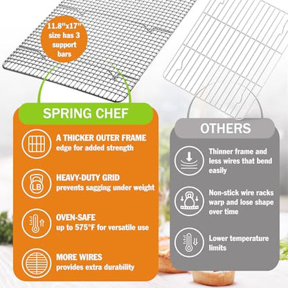 Spring Chef 11.5 x 16.5 Inch Stainless Steel Cooling Racks for Cooling & Baking - Oven Safe - Wire Roasting Racks for Oven Use - Fits Half Sheet Cookie Pan - Dishwasher Safe - Set of 2 - size: 11.5"x16.5", style: 2 Pack