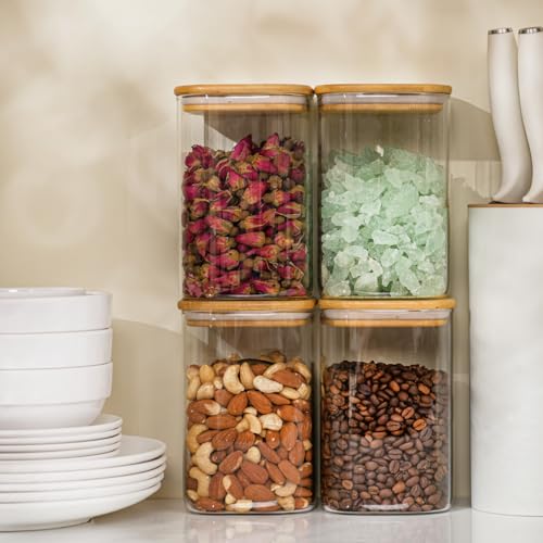 D2scrma 37oz Airtight Glass Square Storage Canisters with Bamboo Lid Set of 6 (1100ml) Stackable Containers, Kitchen Jars for Pantry Noodles, Flour and Coffee beans (‎with Black Lable) - size: 37oz*6
