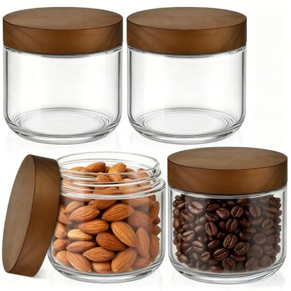 Bumobum 8 oz Glass Mason Jars with Lids, Small Glass Container with Acacia Wood Airtight Lid, Wide Mouth Canisters for Chia Pudding Loose Tea Coffee Salad Snacks Yogurt Spice, 4-Pack - color: 8oz