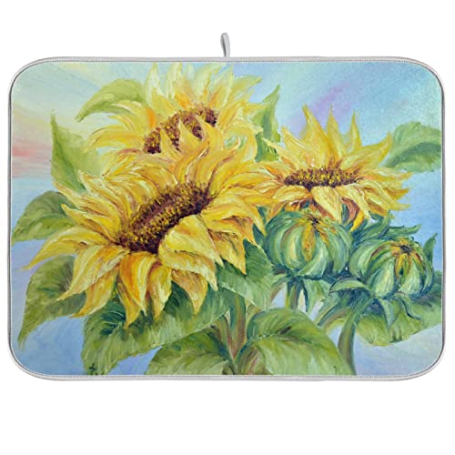 Absorbent Dish Drying Mat for Kitchen Counter - Oil Painting Sunflower Microfiber Drying Pad, Reversible Drainer Mats for Countertop, Small 16" x 18" - color: Oil painting sunflower 29, size: 16x18(in)x1