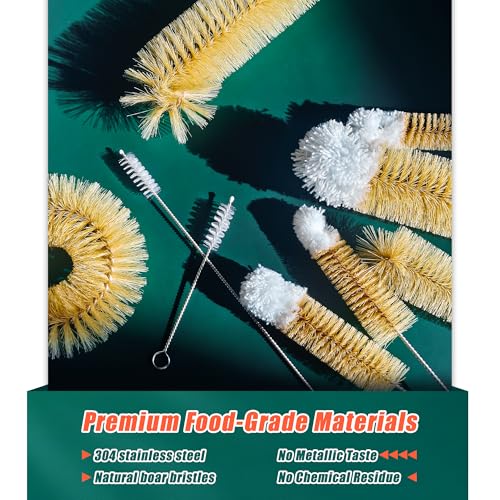 9-Pack Thin Long Handle Bottle Brushes, Stainless Steel Wire Cleaners with Boar Bristle & Wool Tip, Flexible Narrow Neck Cleaner for Wine Bottles, Tubes, Straws, Pipe, Hose & Decanter