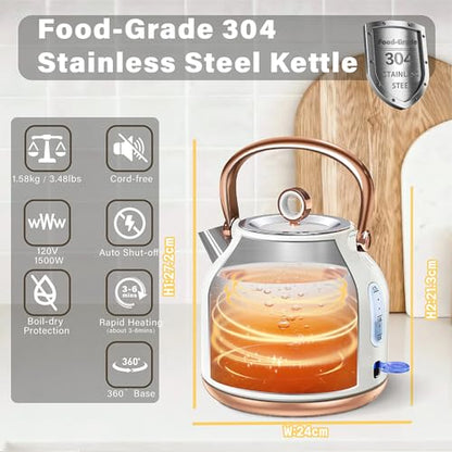 Retro Electric Kettle, 1.7L Stainless Steel Tea Kettle with Large Temperature Gauge, 1500W Fast Heating Hot Water Boiler with LED Indicator, Auto Shut-off & Boil-Dry Protection-Reteo White - color: Retro White
