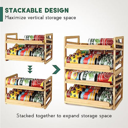 Yumkfoi Rolling Bamboo Can Organizer Rack, Stackable Double-Layer Can Organizers and Storage For Pantry, Canned Goods Holder Dispenser For Countertop Kitchen Cabinet or Pantry Shelf - style: For 24 cans with rolling filling design