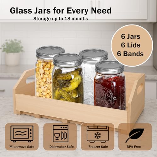 Ball Wide Mouth Mason Jars 32 oz. (6 Pack) - Quart Size Jars with Airtight Lids and Bands for Canning, Fermenting, Pickling, Meal Prep or DIY Decors and Projects Bundled with Peaknip Jar Opener