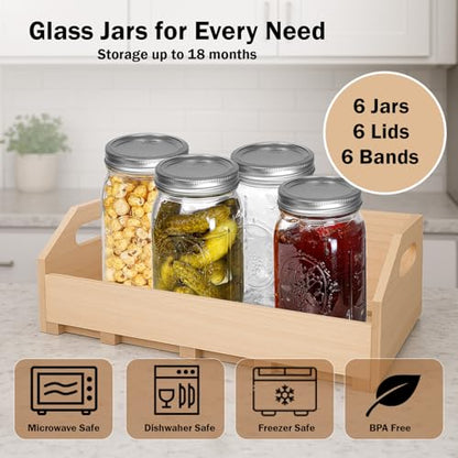 Ball Wide Mouth Mason Jars 32 oz. (6 Pack) - Quart Size Jars with Airtight Lids and Bands for Canning, Fermenting, Pickling, Meal Prep or DIY Decors and Projects Bundled with Peaknip Jar Opener