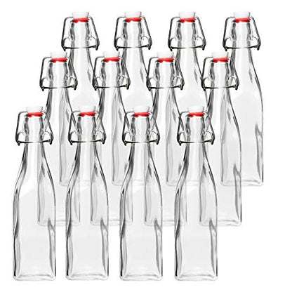 Barcaloo 8.5 Ounce Clear Flip Top Glass Bottle for Home Brewing - Swing Top Glass Bottles for Beer, Kombucha, Soda, Juice, Fermentation, Square 12 Pack with Stopper and Funnel