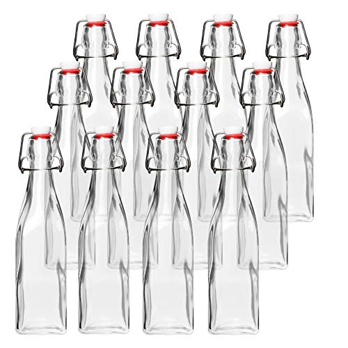 Barcaloo 8.5 Ounce Clear Flip Top Glass Bottle for Home Brewing - Swing Top Glass Bottles for Beer, Kombucha, Soda, Juice, Fermentation, Square 12 Pack with Stopper and Funnel