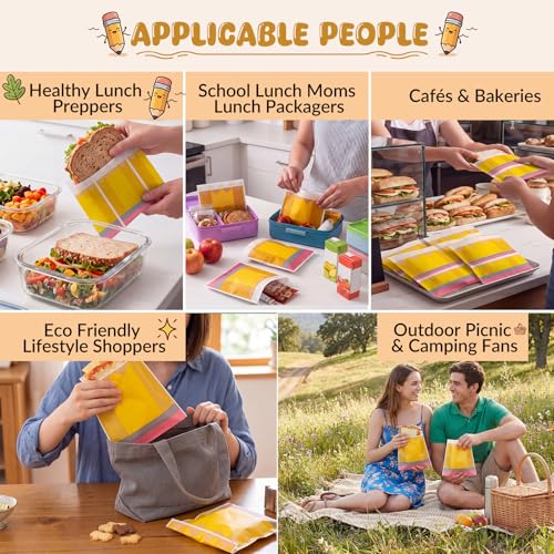 Epakh 200 Pack Paper Sandwich Bags Pencil Design 8 × 8 Inch Happy Food Storage Recyclable Grease Resistant Disposable Snack Bags for Family Home Use - style: Pencil