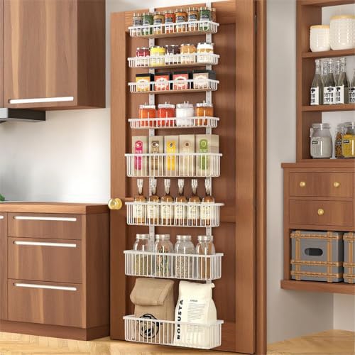 Moforoco White Over The Door Pantry Organizer, Pantry Organization and Storage, Metal Hanging Spice Rack Shelves Door, Seasoning Shelves, Laundry Room Organization, House and Kitchen Essentials - color: White, size: 8-Tier