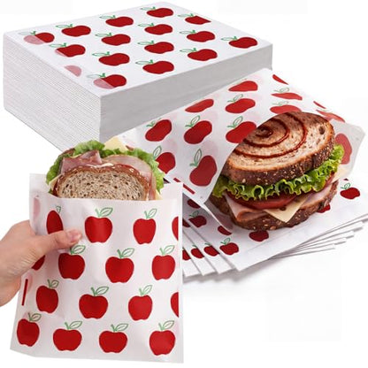 Epakh 200 Pack Paper Sandwich Bags with Apple Design 8 × 8 Inch Happy Food Storage Recyclable Grease Resistant Disposable Snack Bags for Family Home Use - style: Apple