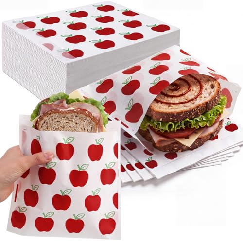 Epakh 200 Pack Paper Sandwich Bags with Apple Design 8 × 8 Inch Happy Food Storage Recyclable Grease Resistant Disposable Snack Bags for Family Home Use - style: Apple