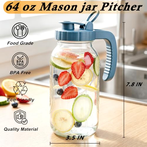 Mason Jar Pitcher 64 Oz With Pour Spout Lid Wide Mouth Glass Water Pitcher | Airtight & Leakproof Water Jug With Ergonomic Handle And Flip Cap Lid For Iced Tea Cold Brew Coffee Juice Lemonade Beverages - color: 64 OZ