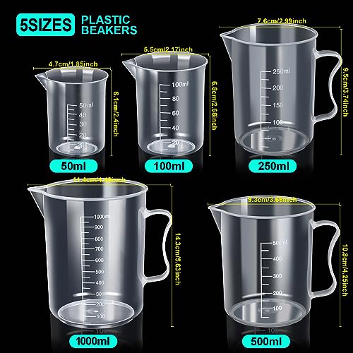 Teenitor Graduated Cylinder Plastic Beaker, 5pcs Plastic Graduated Cylinder 10ml 25ml 50ml 100ml 250ml and 5pcs Plastic Beakers 50ml 100ml 250ml 500ml1000ml Clear 10pcs