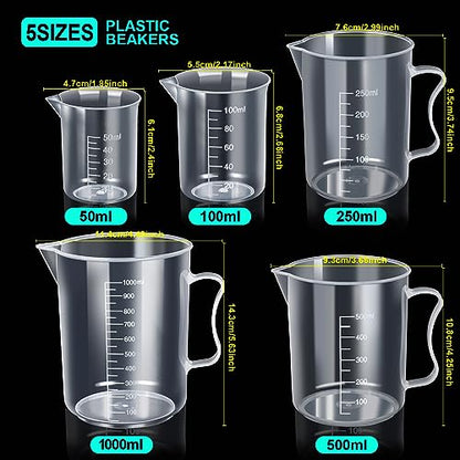 Teenitor Graduated Cylinder Plastic Beaker, 5pcs Plastic Graduated Cylinder 10ml 25ml 50ml 100ml 250ml and 5pcs Plastic Beakers 50ml 100ml 250ml 500ml1000ml Clear 10pcs
