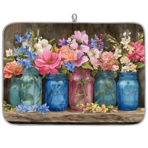 Dish Drying Mats for Kitchen Counter Vintage Colorful Mason Jars Flowers Drainer Rack Mat Super Absorbent Washable Dishes Drying Pad,24x18inch - size: 24x18inch