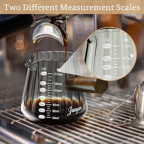 Joeyan 7 oz Espresso Cups, Glass Measuring Cup, Espresso Shot Cup with Spout and Wood Handle, Gray Espresso Shot Glass, Ribbed Milk Frothing Pitcher, Espresso Machine Coffee Bar Accessories - color: Gray ribbed espresso cup