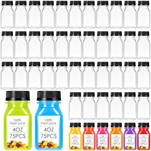 Gerrii 75 Pcs 4 oz Plastic Juice Bottles with Lid Small Reusable Clear Bottles with Caps Containers Bulk, Freezer Safe, Leakproof for Milk Smoothies Drinking Fridge (Black) - color: Black