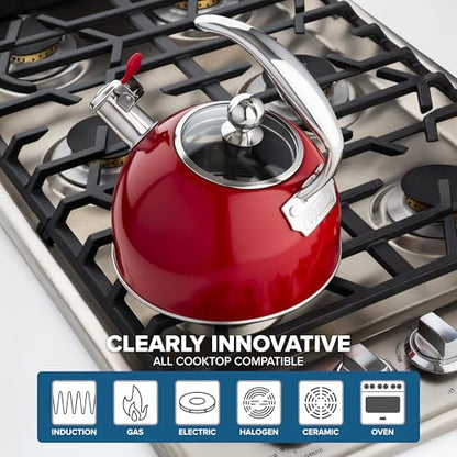 Viking 3-Ply Stainless Steel Tea Kettle, 2.6 Quart Stovetop Hot Water Pot with Tempered Glass Lid, Ergonomic Handle, Induction Ready, Red - color: Red