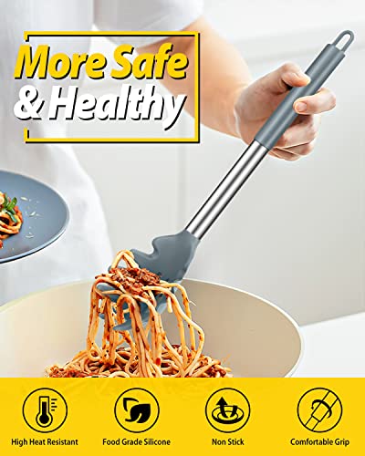 Silicone Pasta Fork and Ladle Spoon Set, Large Non Stick Kitchen Utensils for Cooking,Stirring,Serving Spaghetti, Soup, Sauce (GRAY) - color: Gray