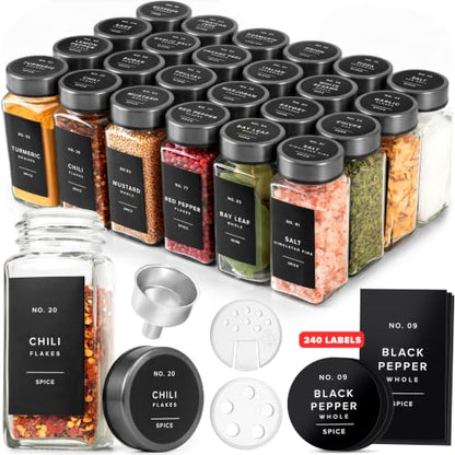EDELHAUS Glass Spice Jars with Label, 24x Space Gray Stainless Steel Lids | Airtight lids keep spices fresh; use as a spice organizer, seasoning containers or 4 oz jar set; funnel, brush & 240 labels - color: Space Gray Stainless Steel Lid