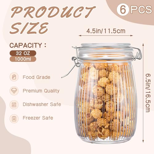 32 oz Glass Mason Jars with Airtight Lid 6 Pack, Wide Mouth Striped Canning Jars with Clip Top Lids for Kitchen Storage Pickling Snack, Nut, Candy, Salad Jams Coffee Beans - size: 32oz