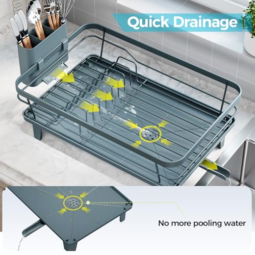 Urackify Dish Drying Rack for Kitchen Counter, Sink Dish Rack with Drainboard, Large Dish Drainer with Cups Holder, Home Countertop Plate Dryer Storage Rack with Cutlery Holder, Blue - color: Blue