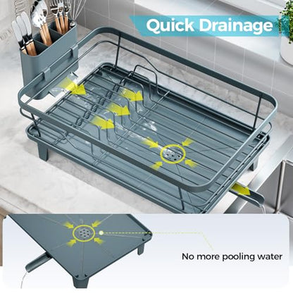 Urackify Dish Drying Rack for Kitchen Counter, Sink Dish Rack with Drainboard, Large Dish Drainer with Cups Holder, Home Countertop Plate Dryer Storage Rack with Cutlery Holder, Blue - color: Blue